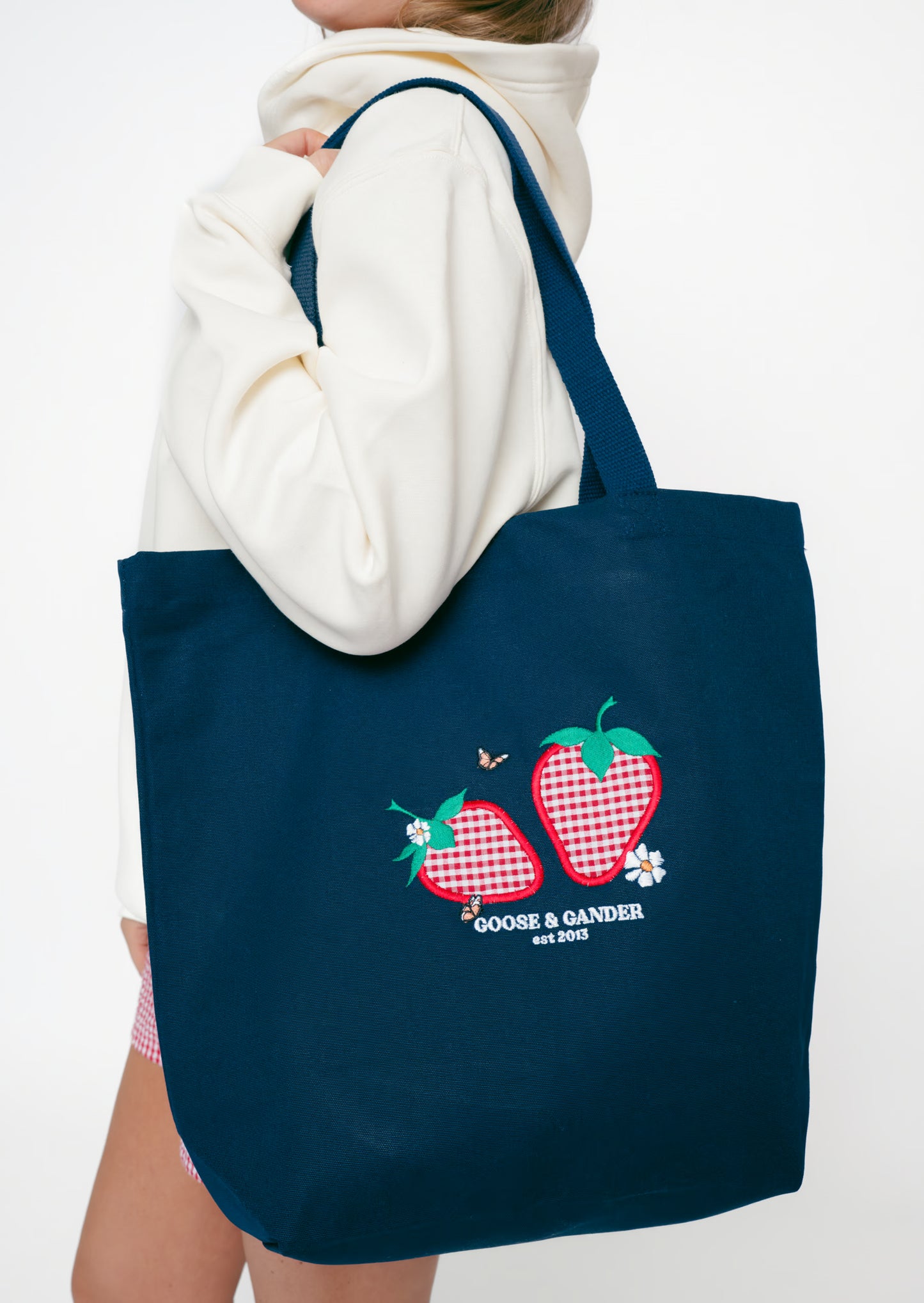 Strawberry Applique Tote Bag - Navy