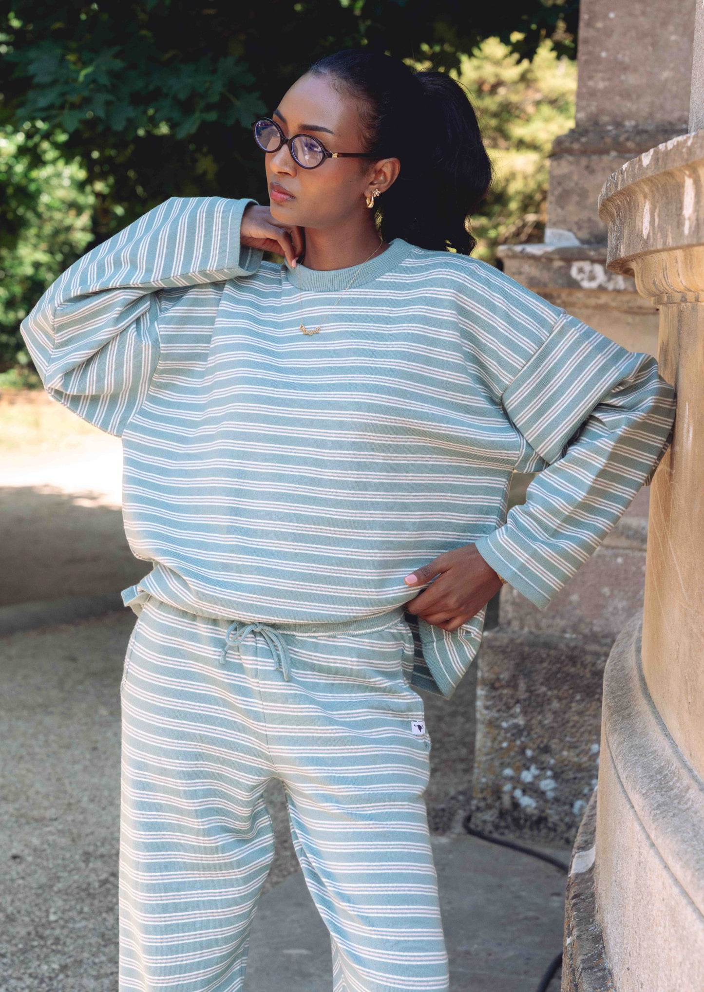 Knitted Striped Viscose Trousers - Sage