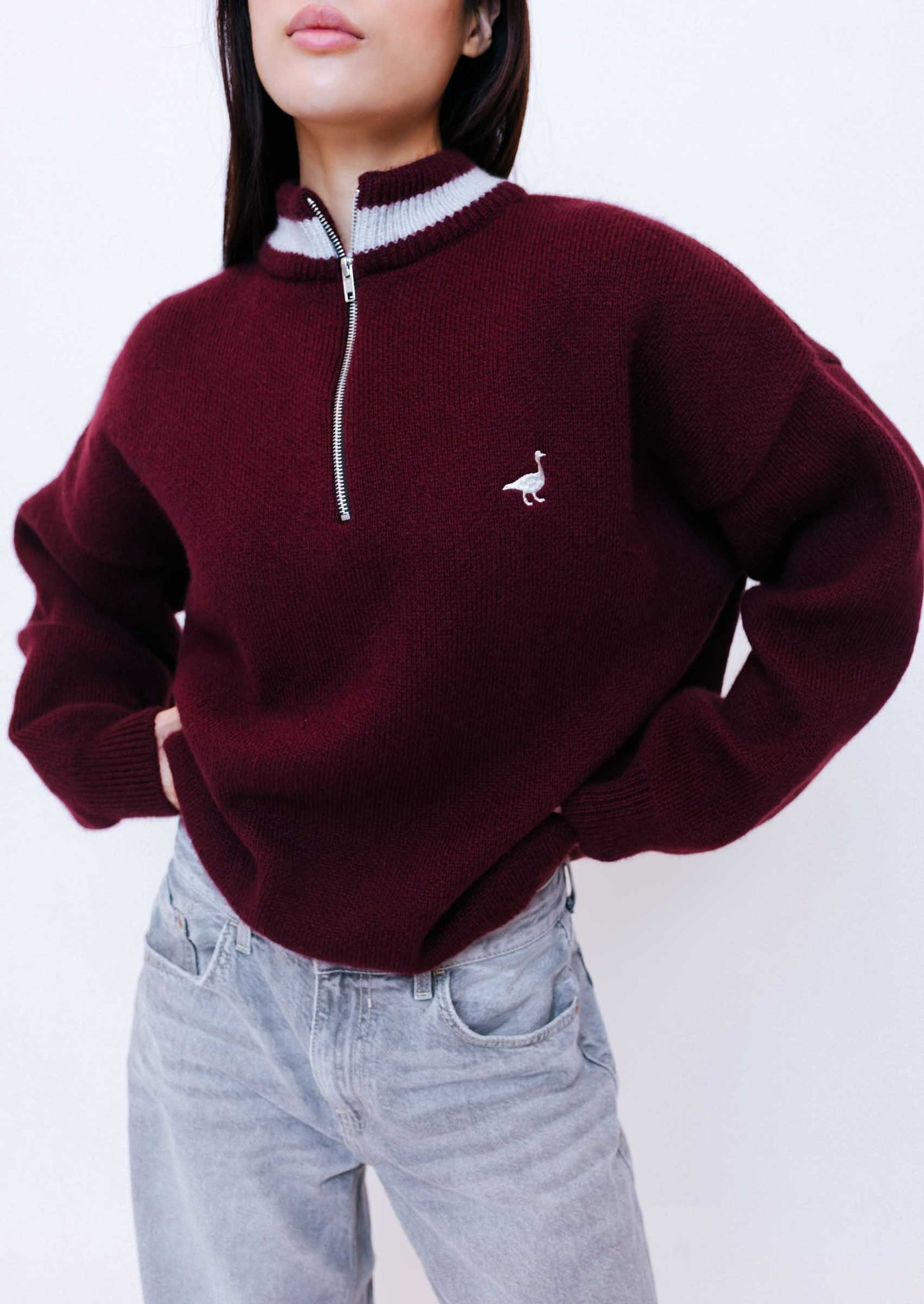 Unisex Knitted Goose 1/4 Zip Sweat - Burgundy