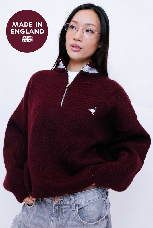 Unisex Knitted Goose 1/4 Zip Sweat - Burgundy