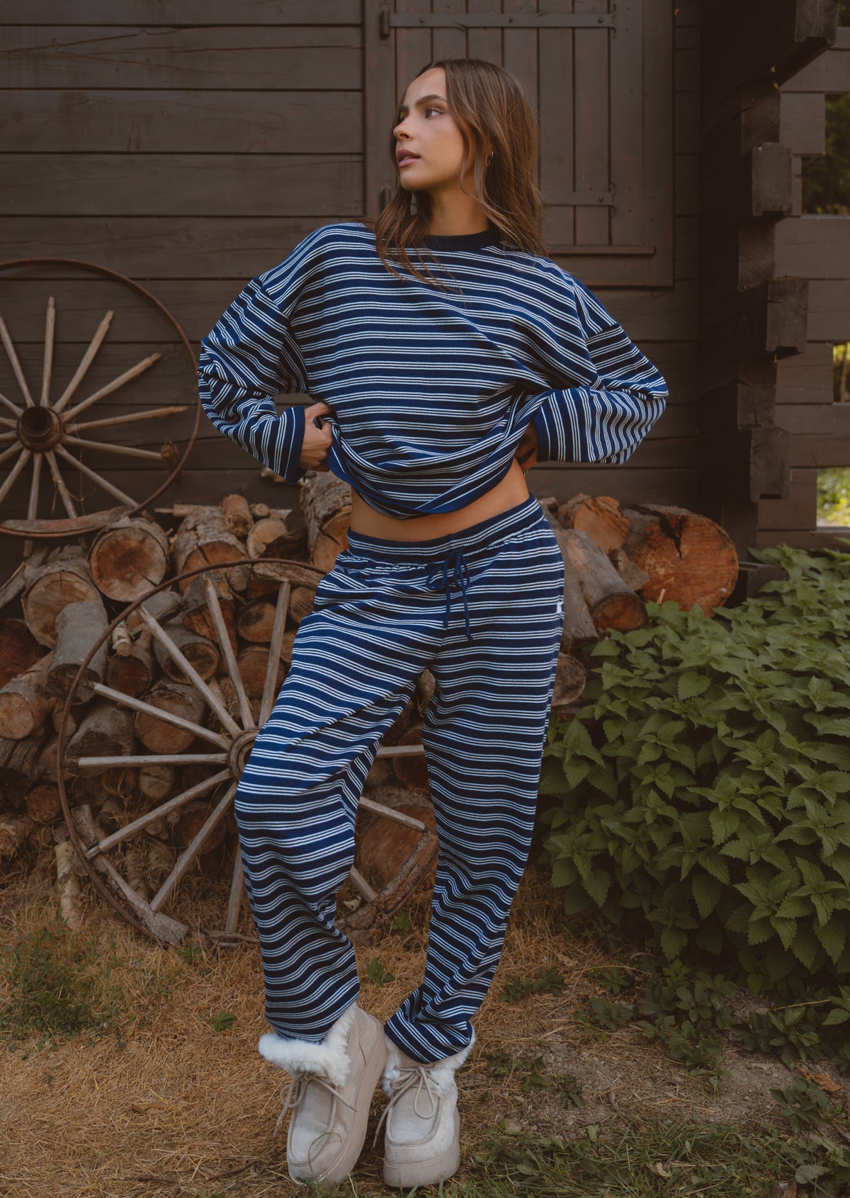 Knitted Striped Trousers - Navy