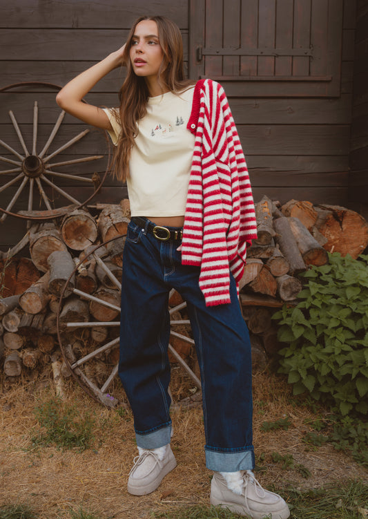 Knitted Brushed Striped Cardigan - Red/Ecru