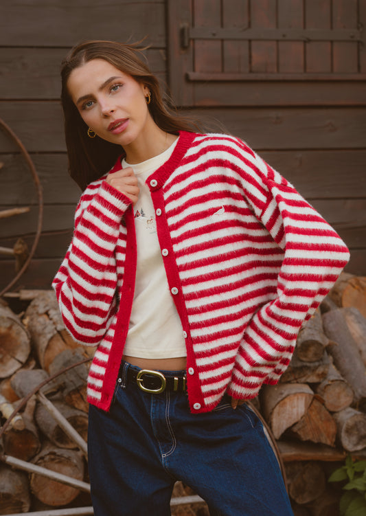 Knitted Brushed Striped Cardigan - Red/Ecru