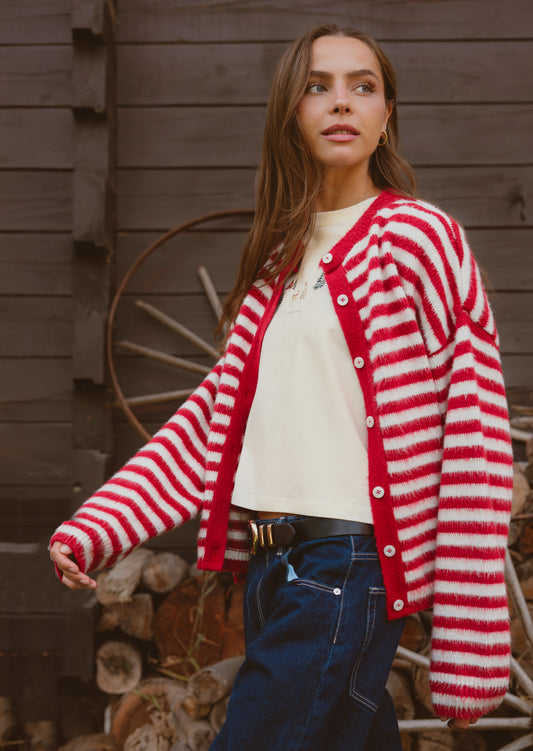 Knitted Brushed Striped Cardigan - Red/Ecru