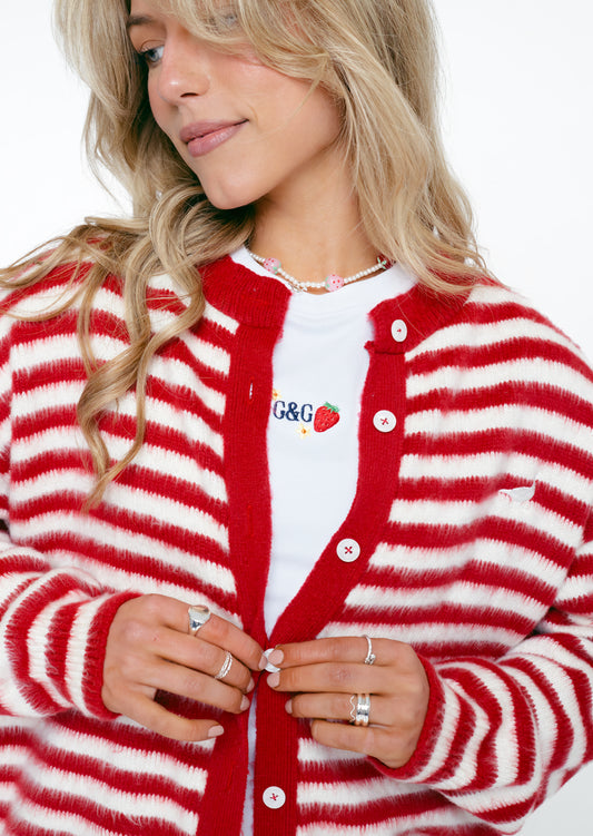 Knitted Brushed Striped Cardigan - Red/Ecru