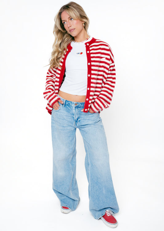 Knitted Brushed Striped Cardigan - Red/Ecru
