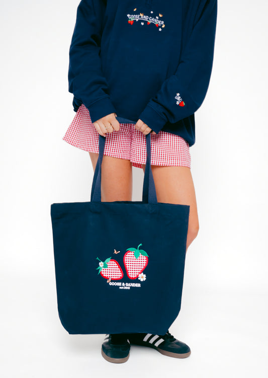 Strawberry Applique Tote Bag - Navy