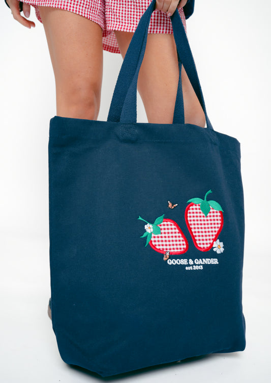 Strawberry Applique Tote Bag - Navy