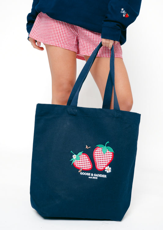 Strawberry Applique Tote Bag - Navy