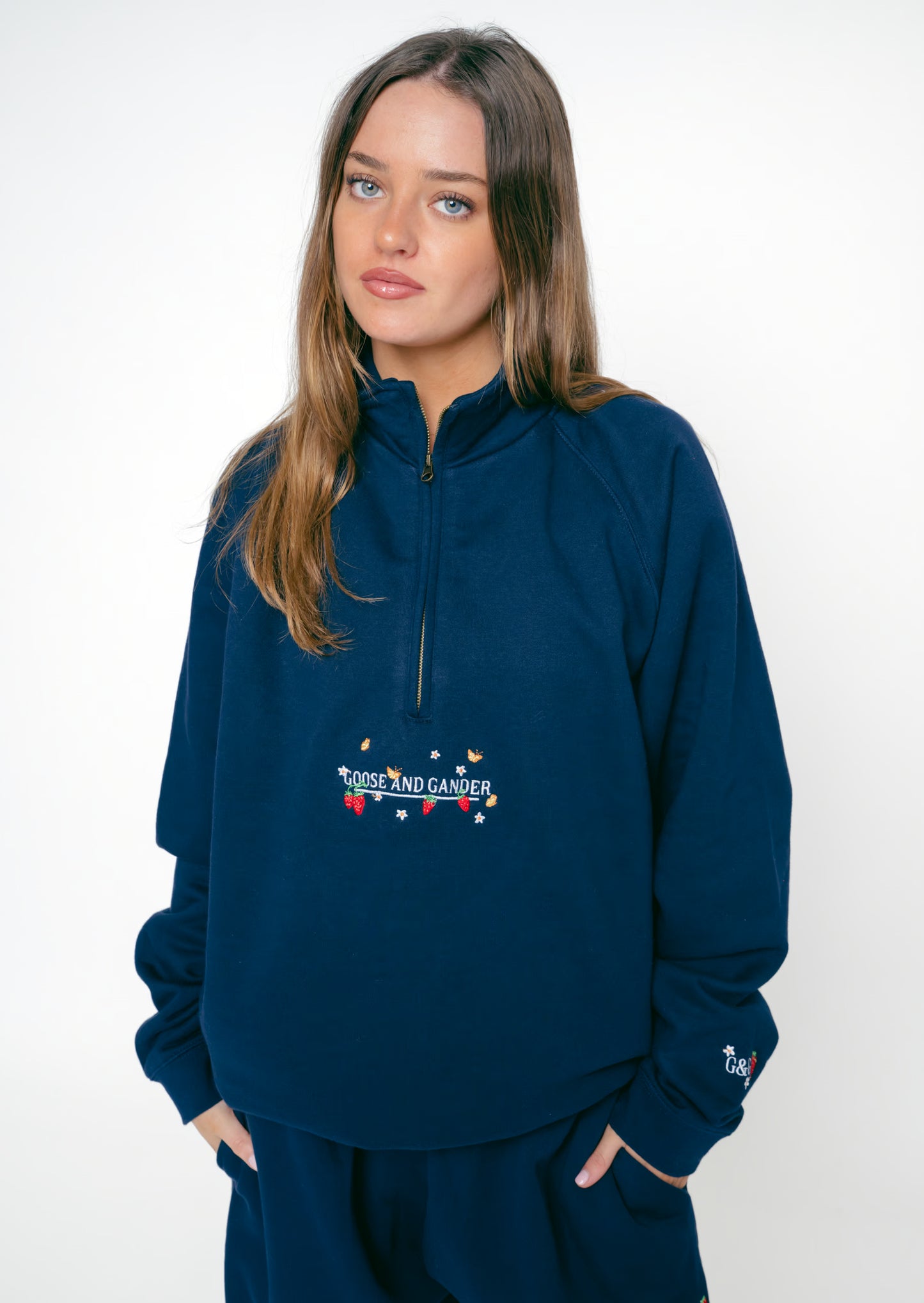 Strawberry 1/4 Zip Sweatshirt - Navy