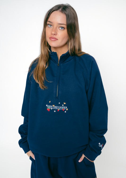Strawberry 1/4 Zip Sweatshirt - Navy