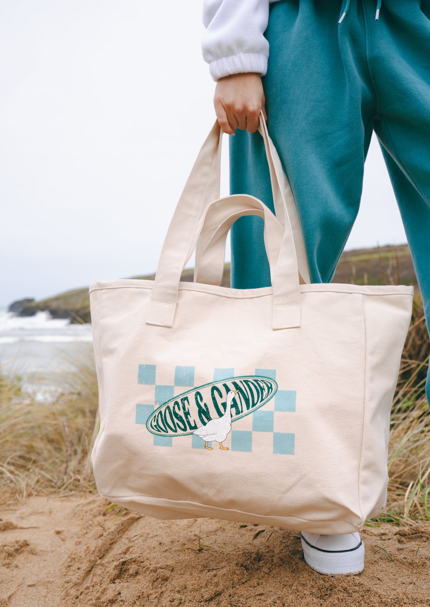 L&L Checkered Zip Tote Bag - Natural