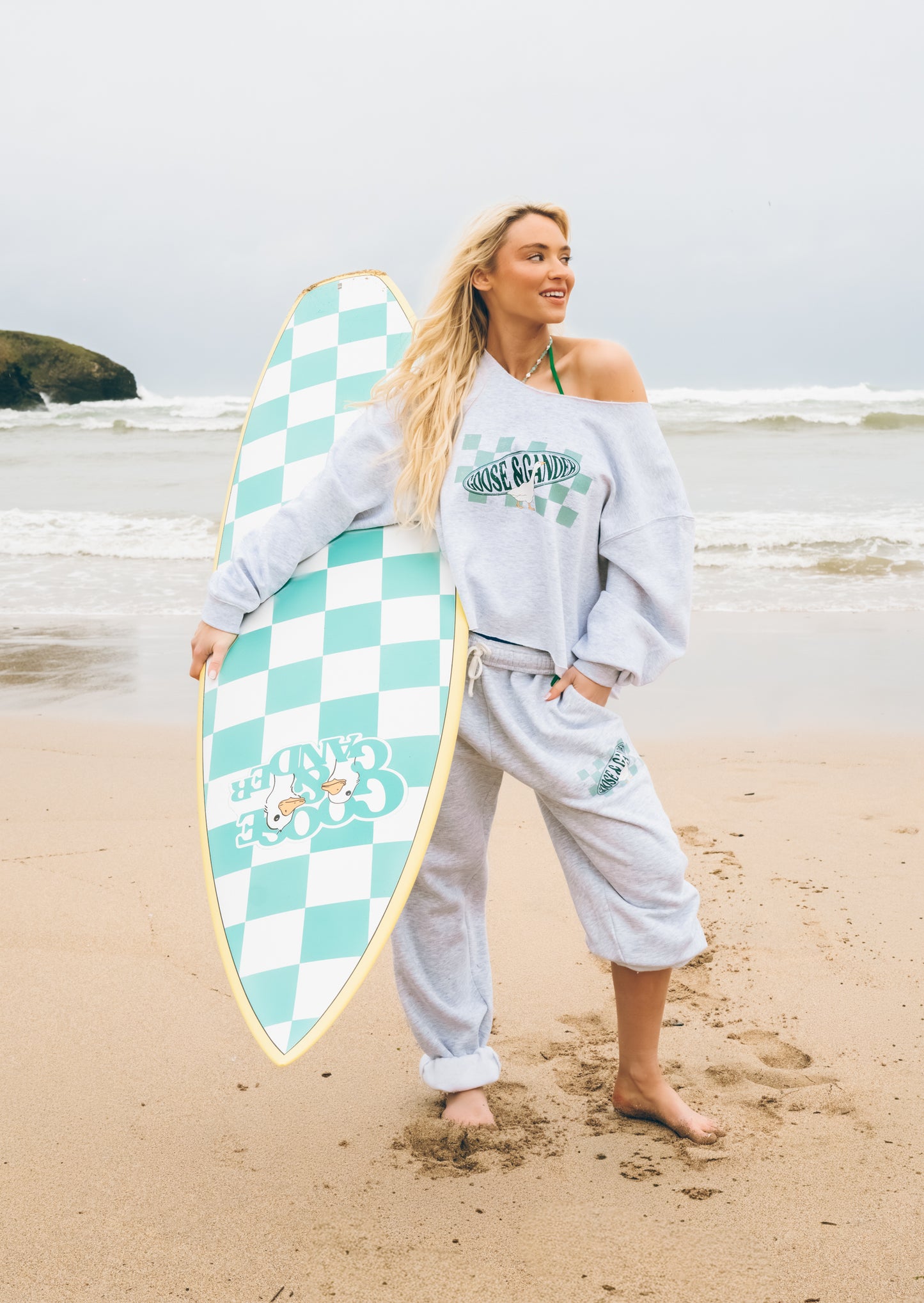 L&L Checkered Off The Shoulder Sweatshirt - Ash Grey