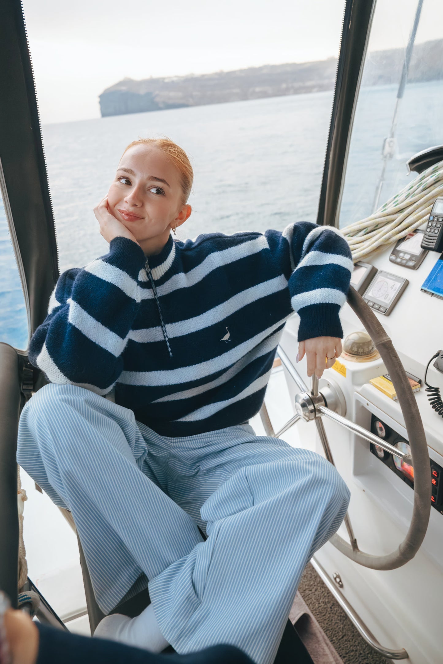 1/4 Zip Striped Knit Jumper - Navy/Bone