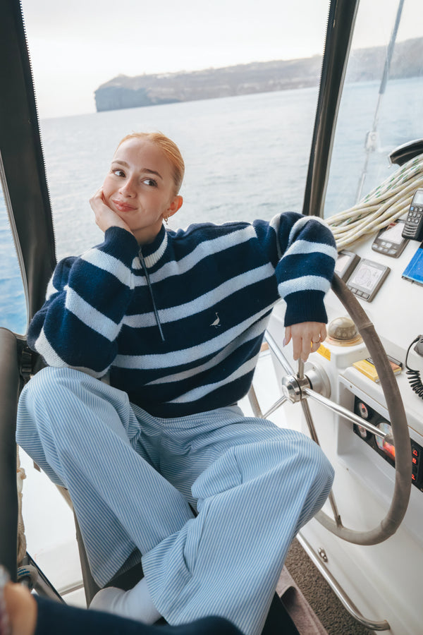 1/4 Zip Striped Knit Jumper - Navy/Bone