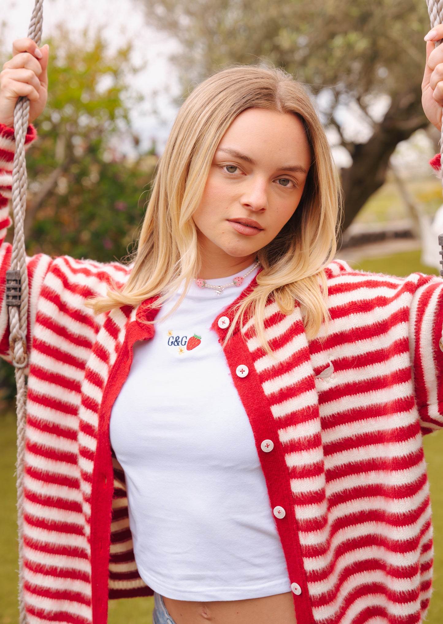 Knitted Brushed Striped Cardigan - Red/Ecru