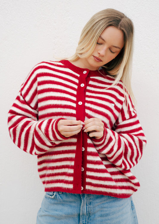 Knitted Brushed Striped Cardigan - Red/Ecru