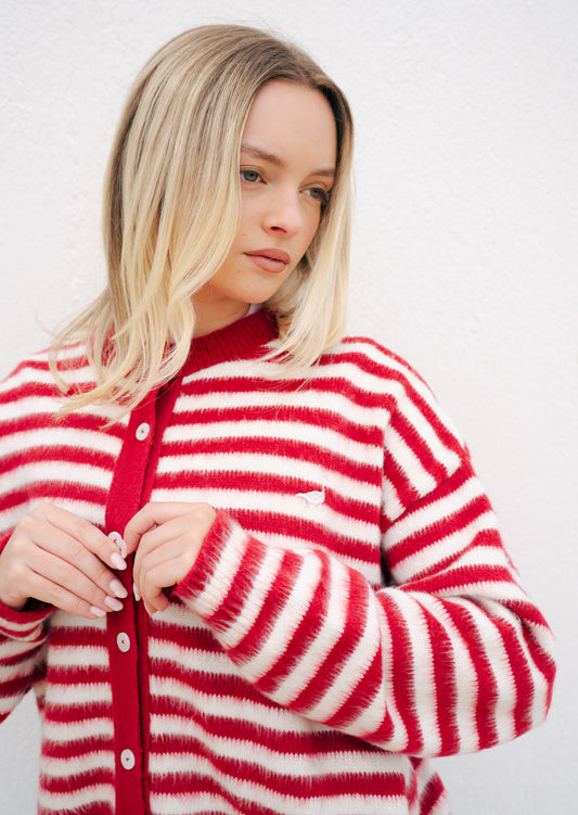 Knitted Brushed Striped Cardigan - Red/Ecru
