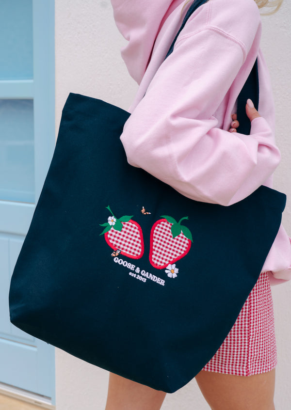 Strawberry Applique Tote Bag - Navy