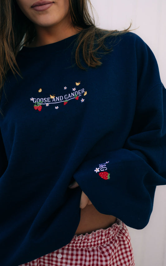 Unisex Wild Strawberry Embroidered Sweat - Navy