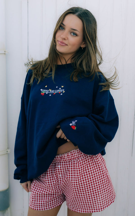 Unisex Wild Strawberry Embroidered Sweat - Navy