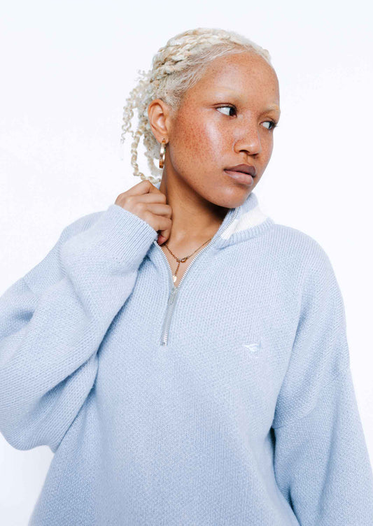 Knitted Goose 1/4 Zip Sweat - Pastel Blue
