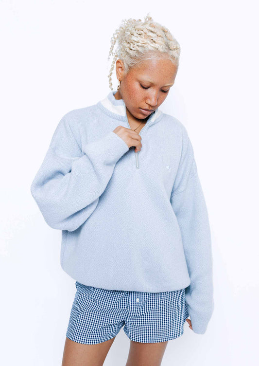 Knitted Goose 1/4 Zip Sweat - Pastel Blue