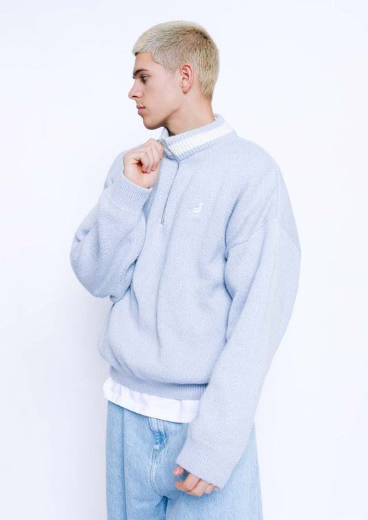 Knitted Goose 1/4 Zip Sweat - Pastel Blue