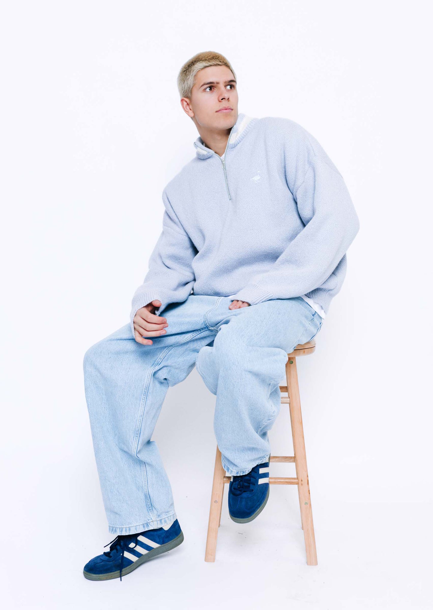 Knitted Goose 1/4 Zip Sweat - Pastel Blue
