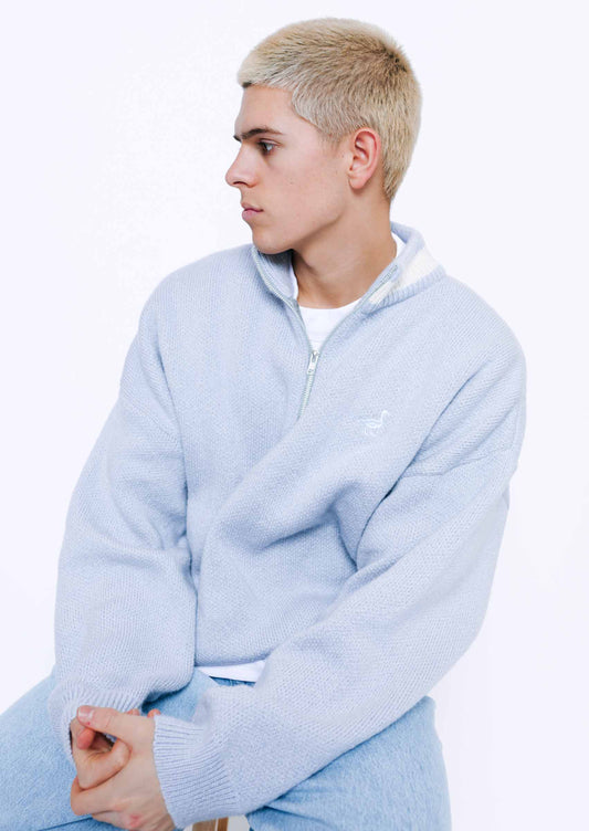 Knitted Goose 1/4 Zip Sweat - Pastel Blue