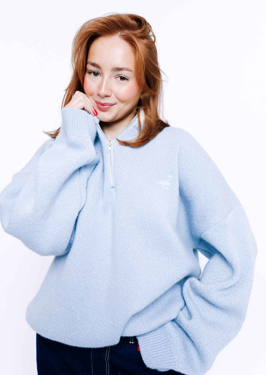 Knitted Goose 1/4 Zip Sweat - Pastel Blue