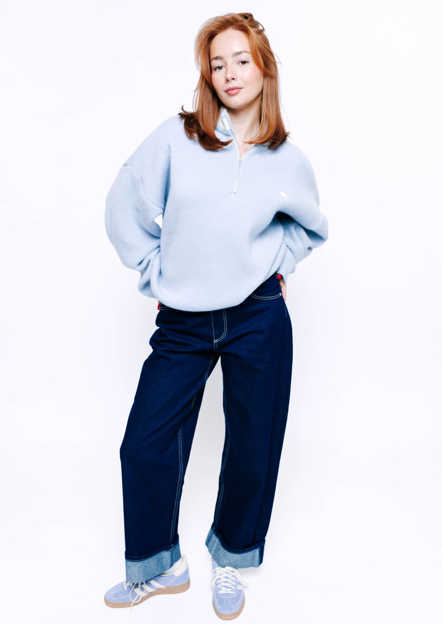 Knitted Goose 1/4 Zip Sweat - Pastel Blue