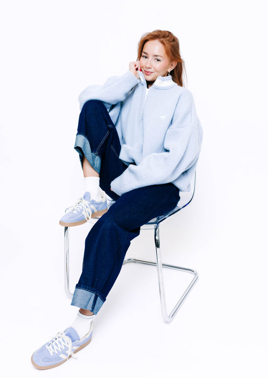 Knitted Goose 1/4 Zip Sweat - Pastel Blue
