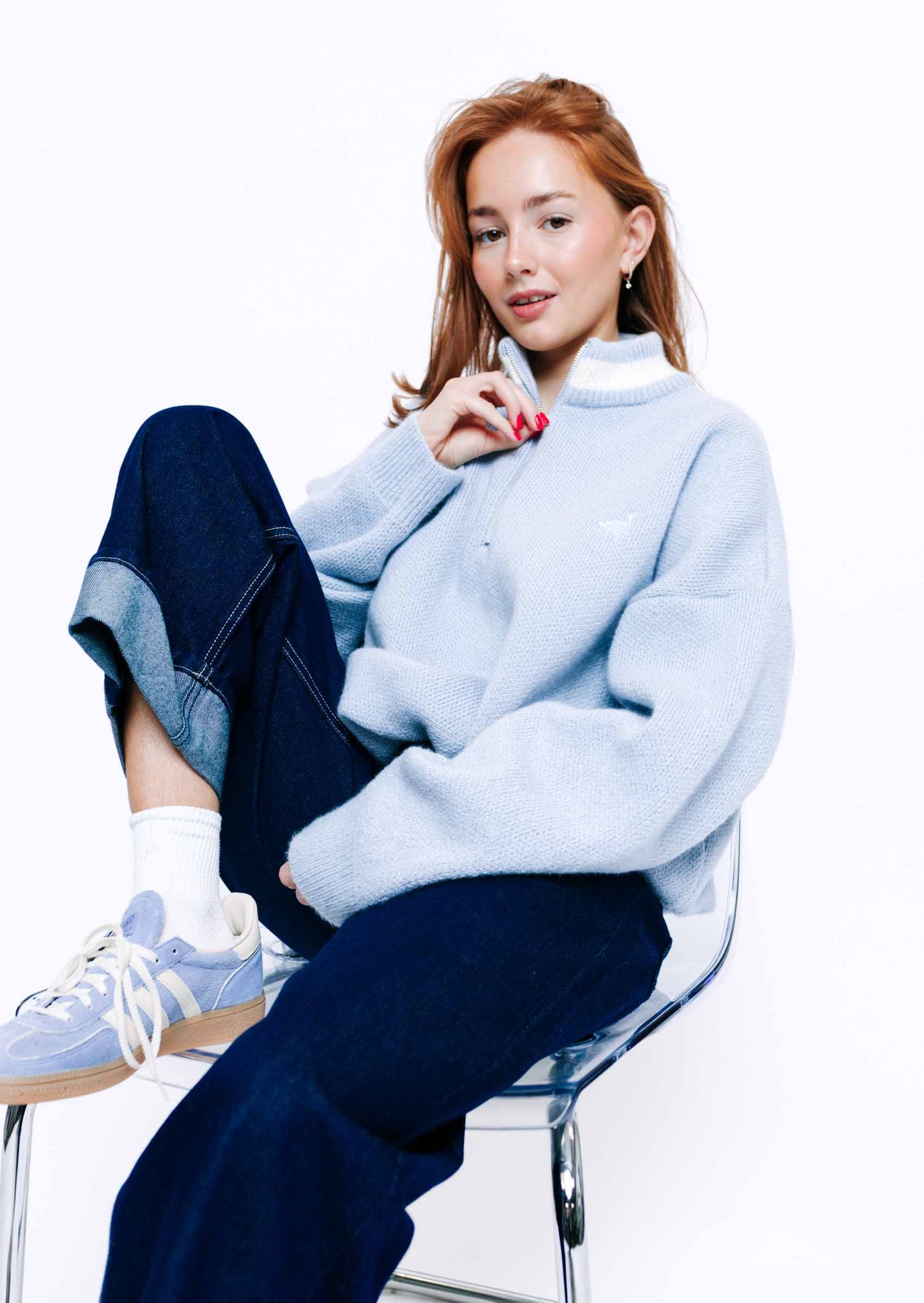 Knitted Goose 1/4 Zip Sweat - Pastel Blue