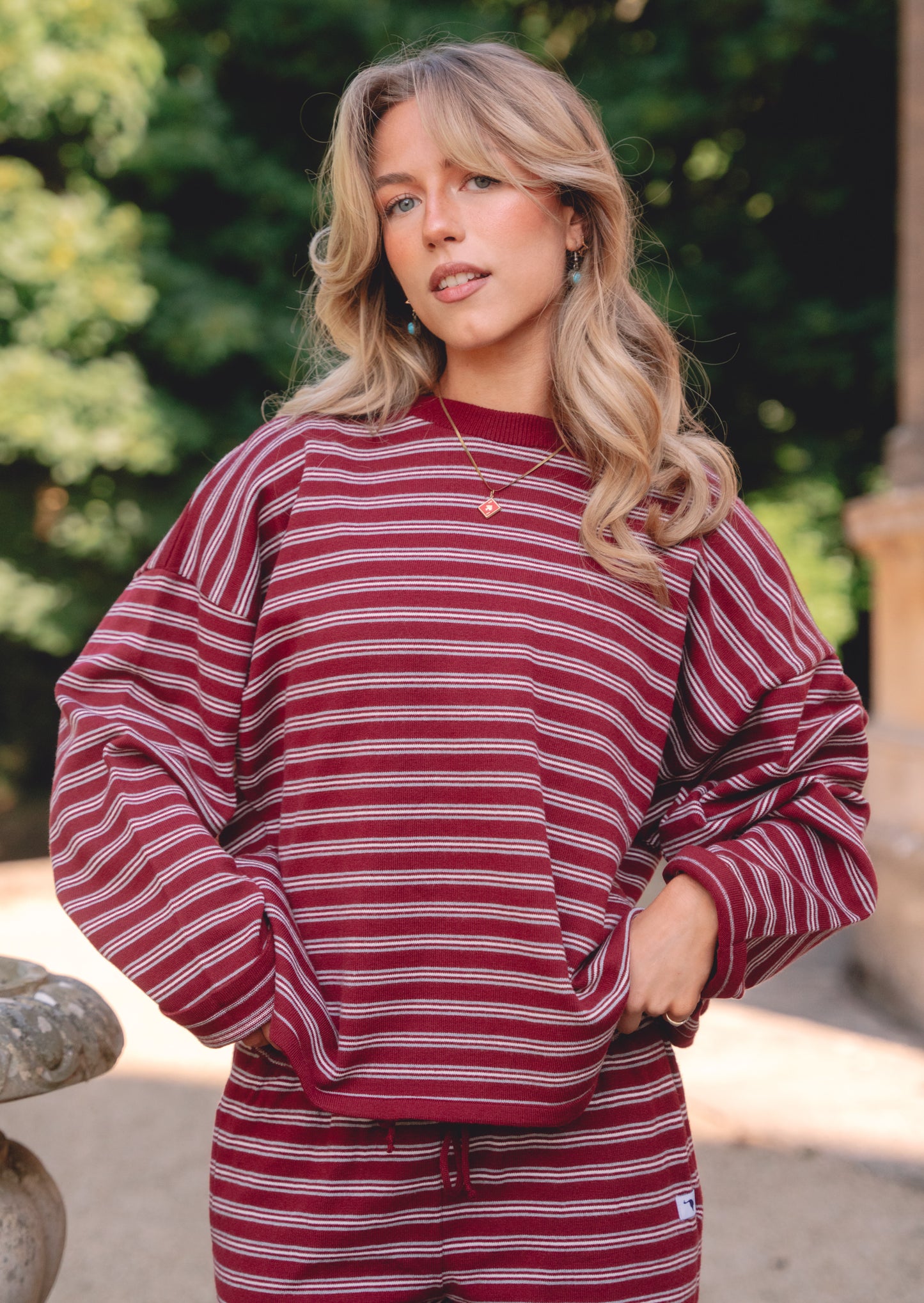 Knitted Striped Viscose Long Sleeve Top - Burgundy