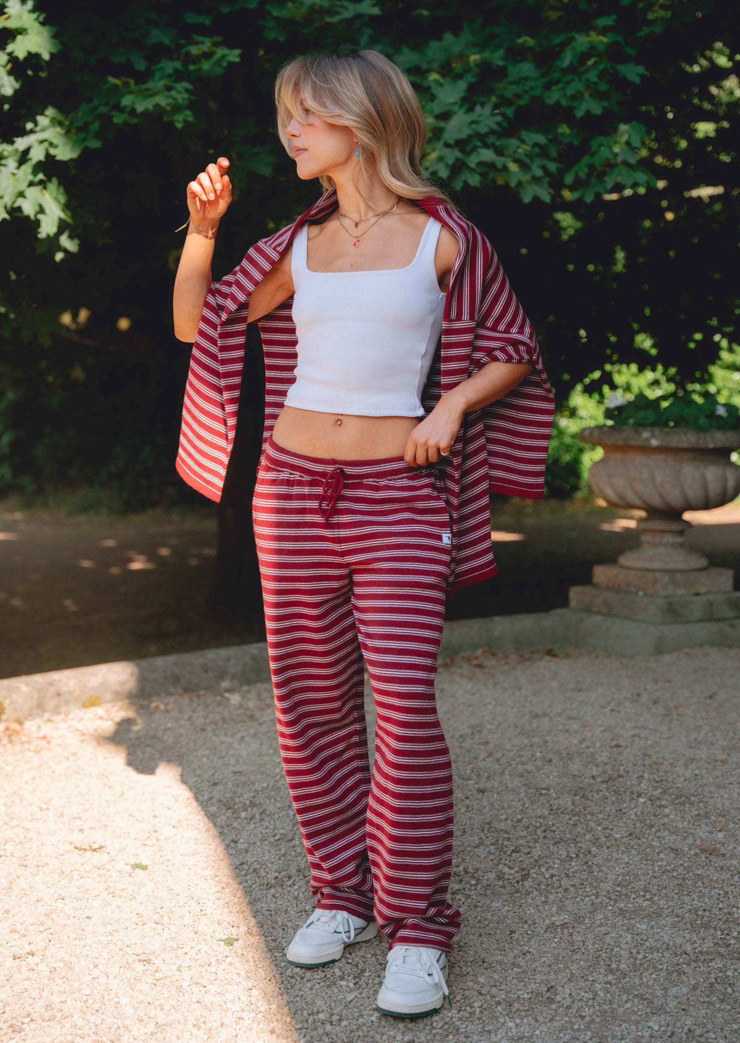 Knitted Striped Viscose Trousers - Burgundy