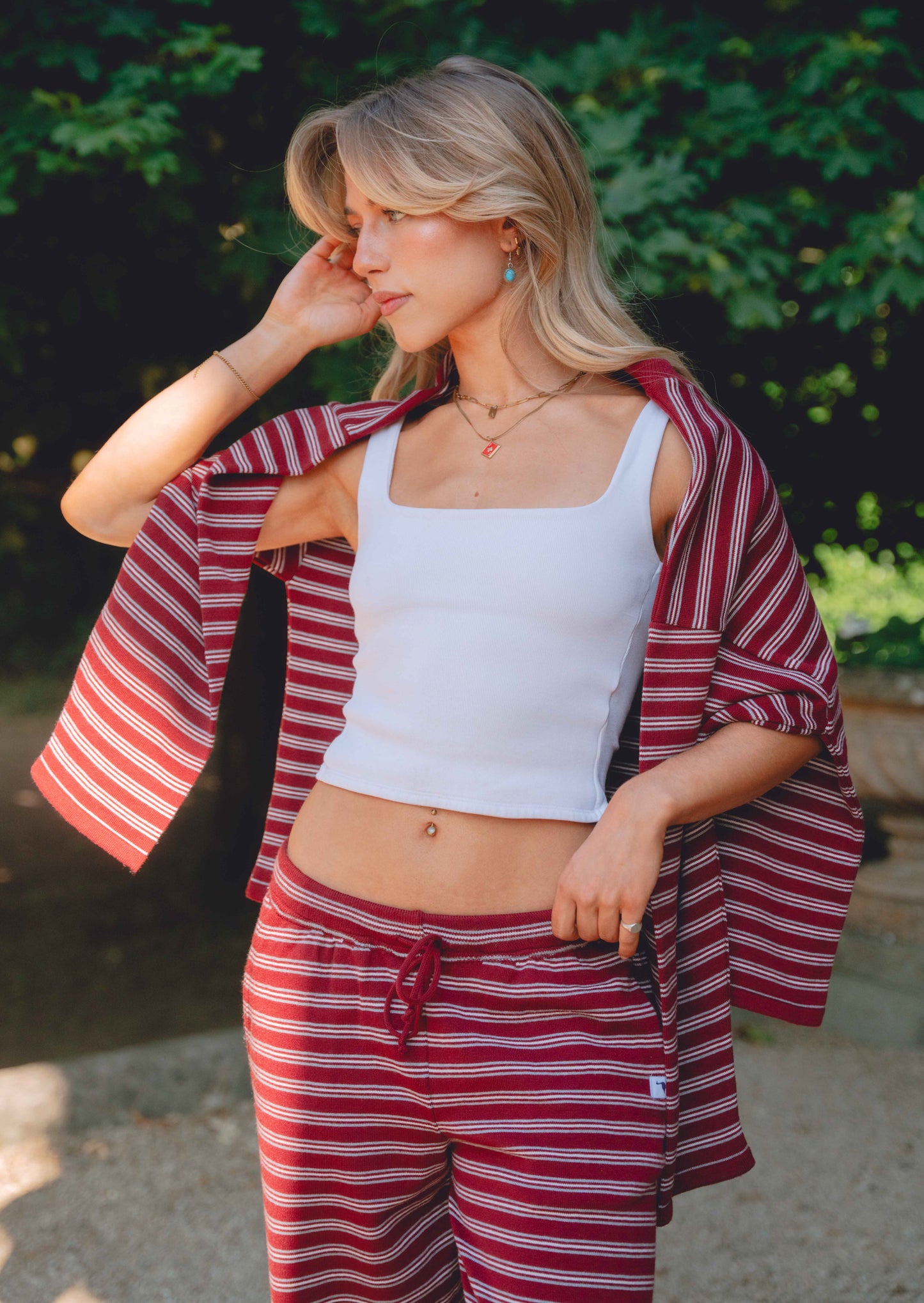 Knitted Striped Viscose Long Sleeve Top - Burgundy