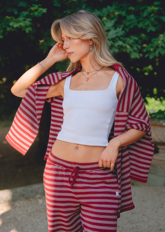 Knitted Striped Viscose Long Sleeve Top - Burgundy