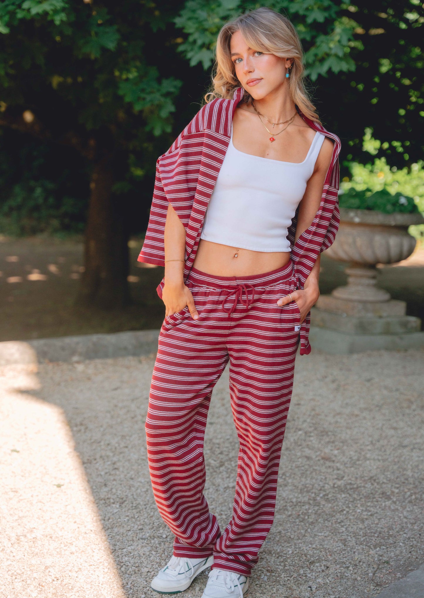 Knitted Striped Viscose Trousers - Burgundy