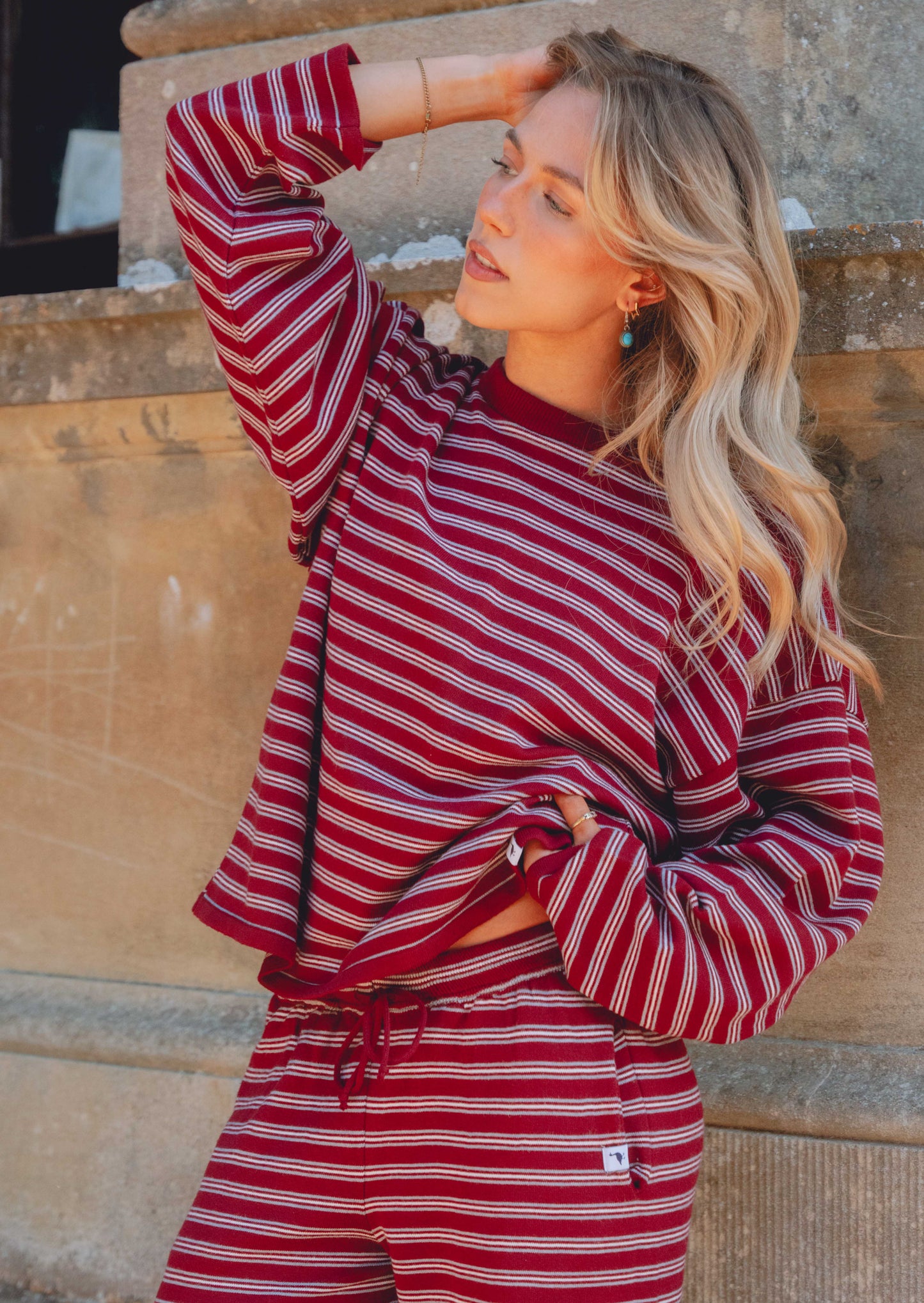 Knitted Striped Viscose Long Sleeve Top - Burgundy
