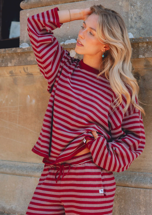 Knitted Striped Viscose Long Sleeve Top - Burgundy