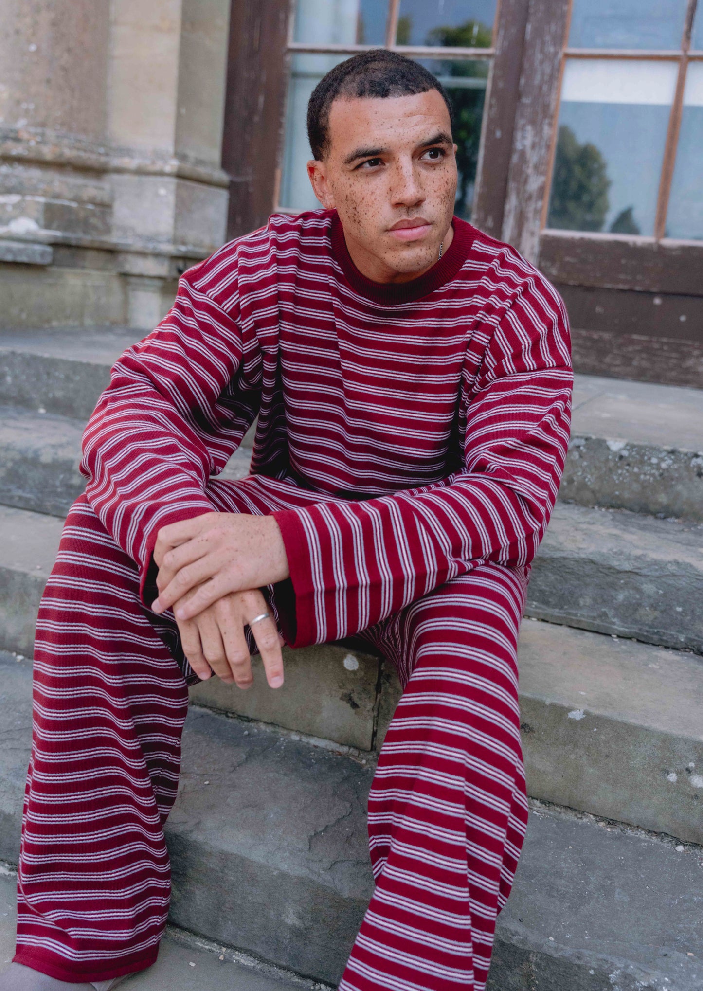 Knitted Striped Viscose Long Sleeve Top - Burgundy