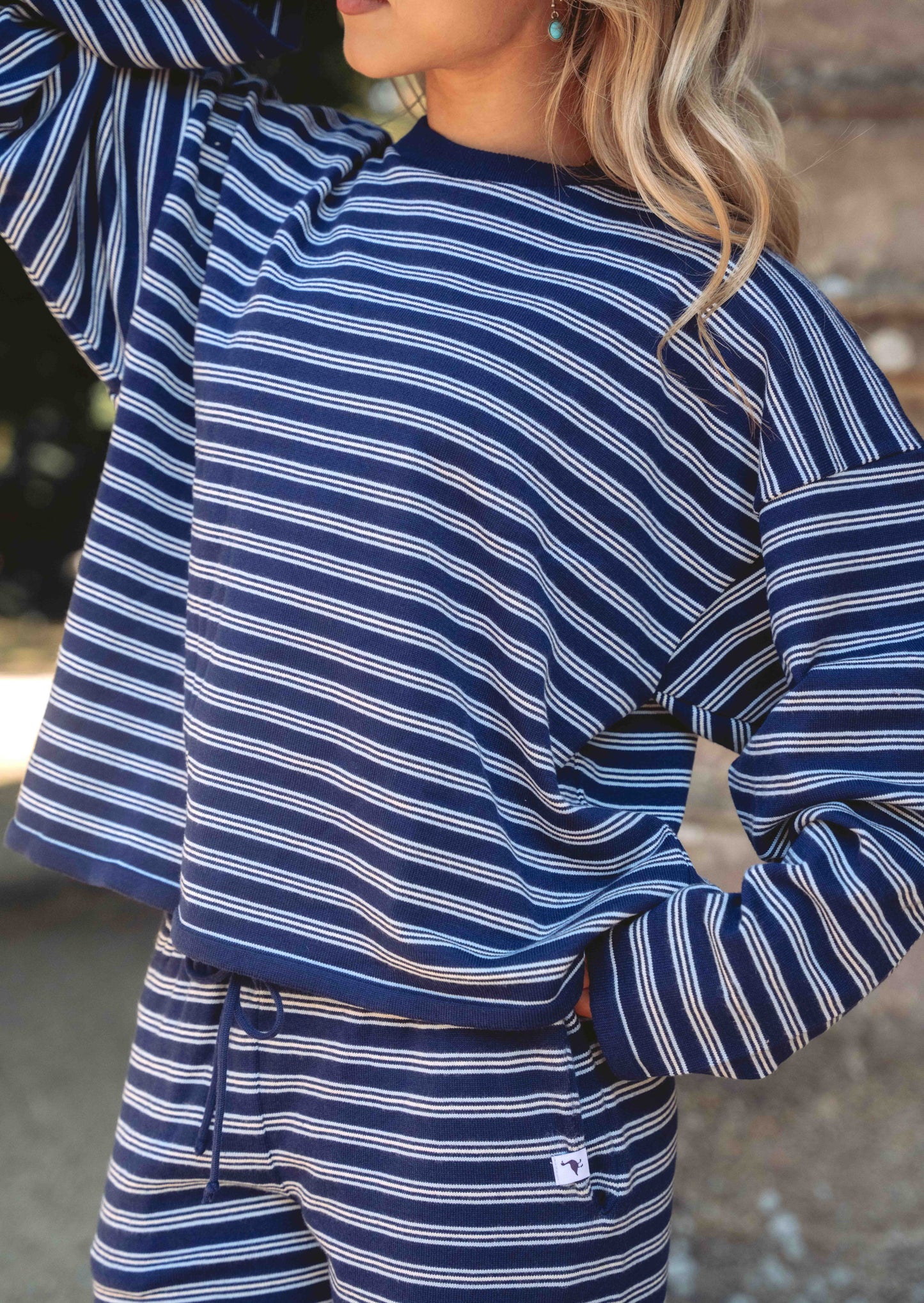 Knitted Striped Viscose Trousers - Navy