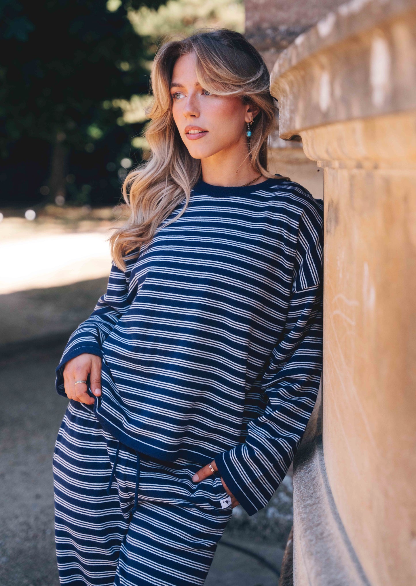 Knitted Striped Viscose Trousers - Navy