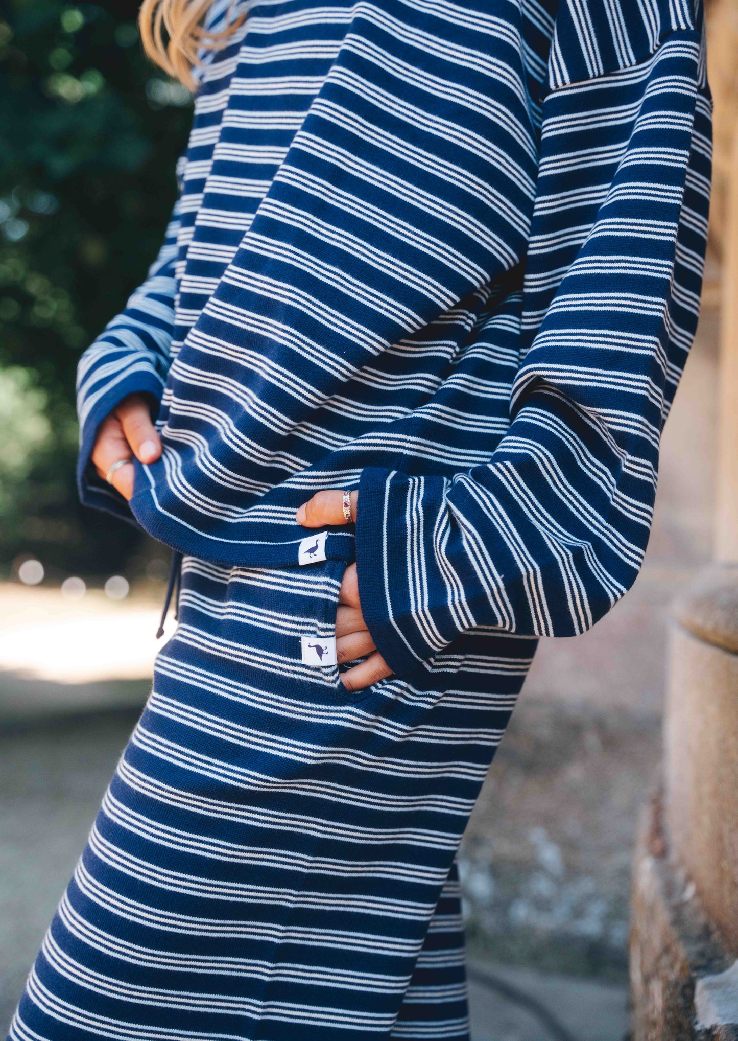 Knitted Striped Viscose Trousers - Navy