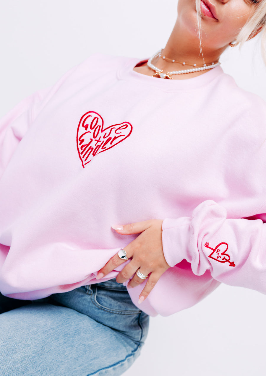 Embroidered Sweatshirt Sweat Jumpers Ladies Unisex Baby Pink Heart