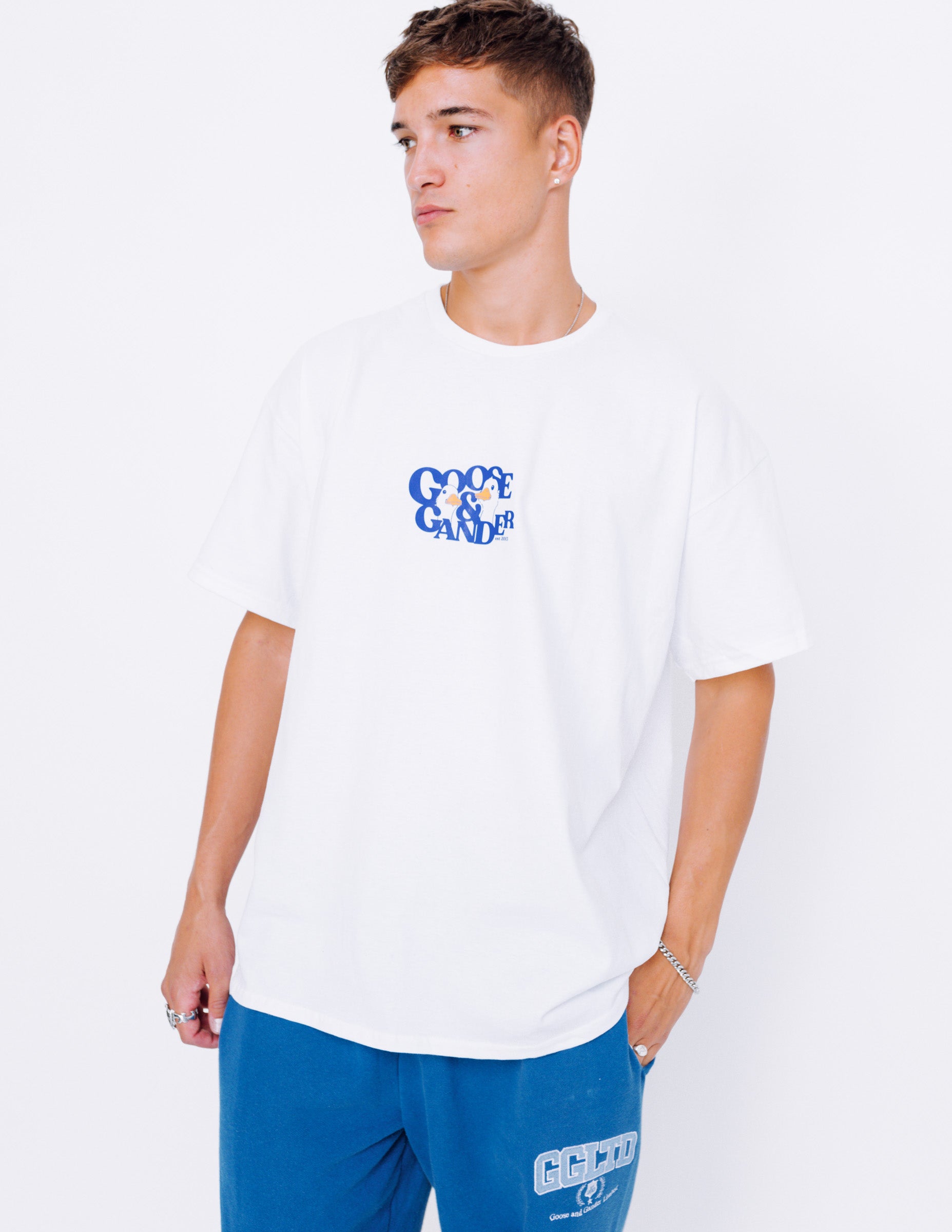 Unisex White and Royal Blue Goose's Gambit Short Sleeve T-shirt