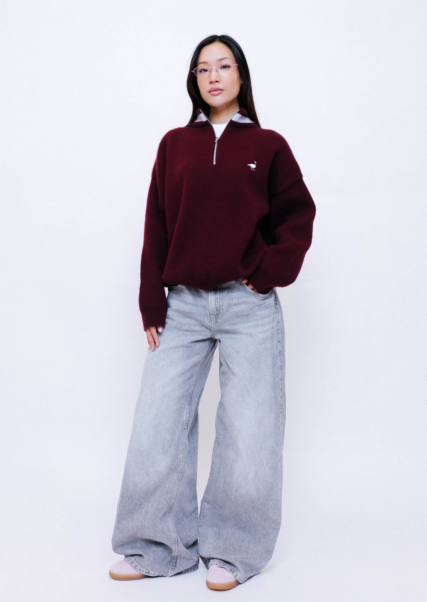 Unisex Knitted Goose 1/4 Zip Sweat - Burgundy