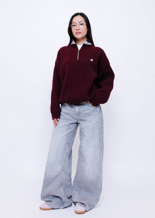 Unisex Knitted Goose 1/4 Zip Sweat - Burgundy