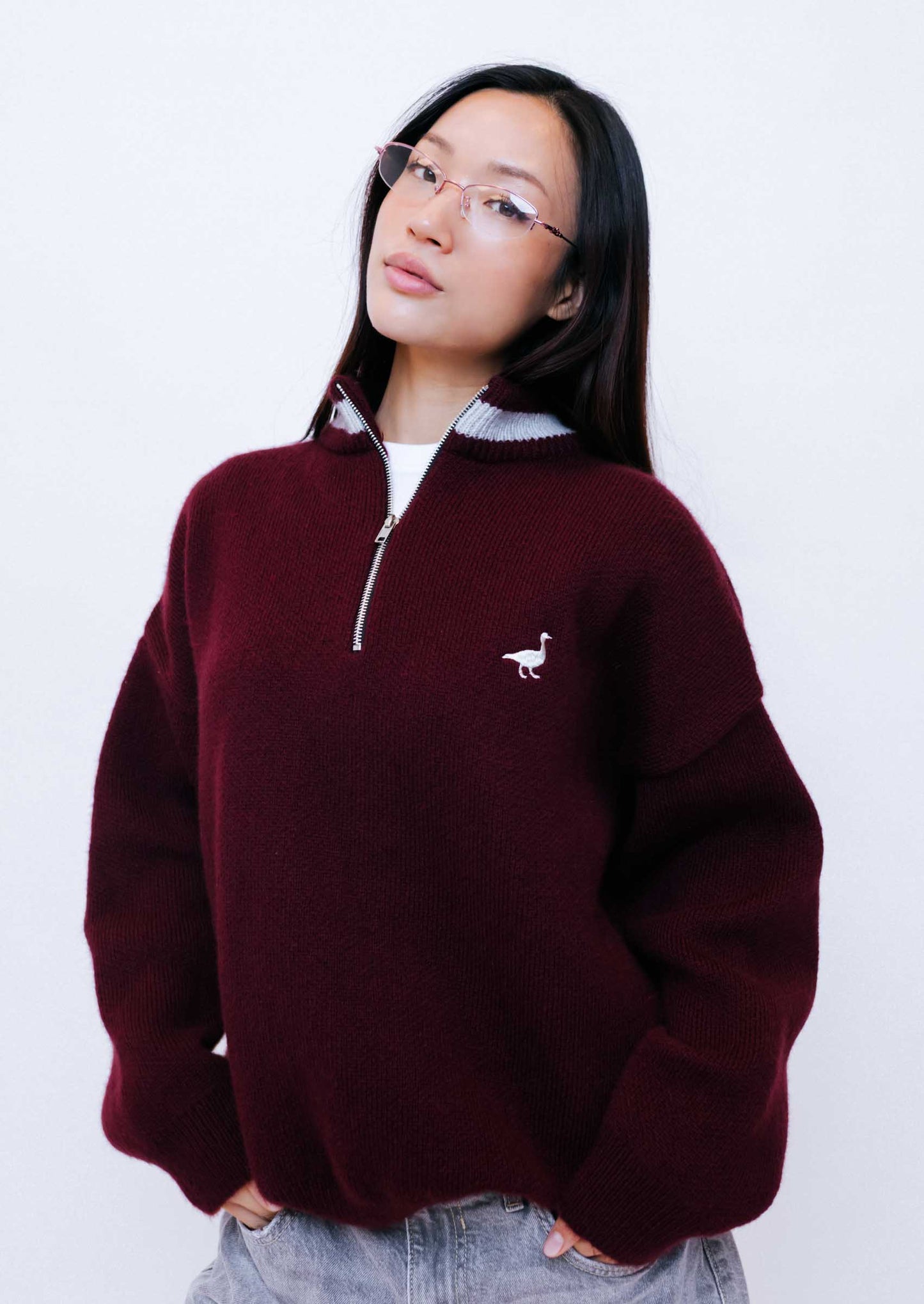 Unisex Knitted Goose 1/4 Zip Sweat - Burgundy